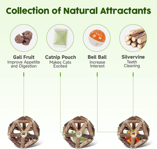 Potaroma Catnip Toys, 3Pcs Cat Toys Natural Silvervine Stick Cage Balls & Bell Ball for Indoor Cats, Kitten Cleaning Teeth Molar Matatabi Cat Chew Toy All Breeds