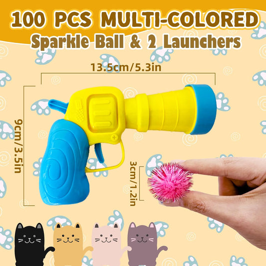 Cat Toy Balls with Launchers Set,2 Cat Toy Launchers & 100 Glitter Cat Pom Pom Balls,Cat Fetch Toy Interactive Cat Toy Balls for Kitty Gifts