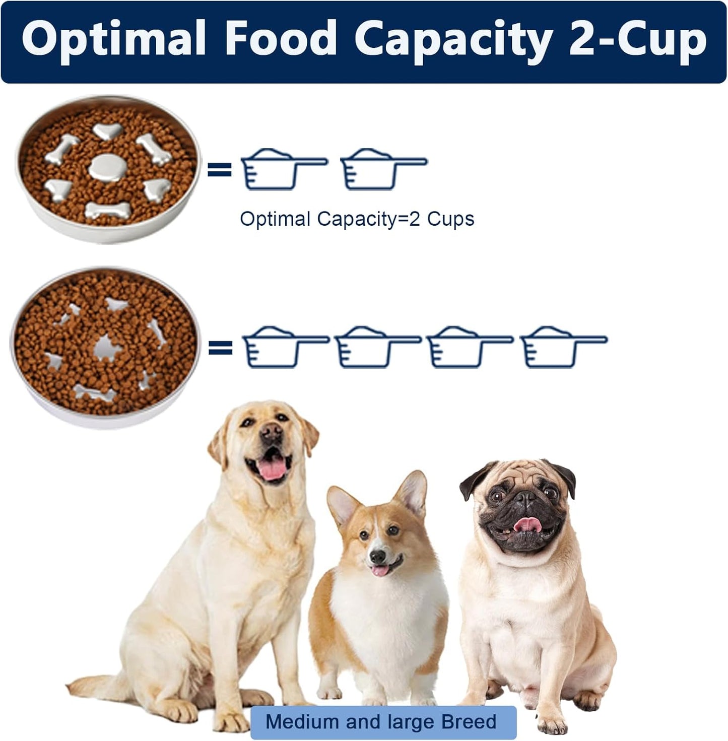 Slow Feeder Dog Bowls, 2-Cup Medium Breed Stainless Steel Per Bowl, Slow Down Eating Dish Preventing Choking Metal Dog Bowl