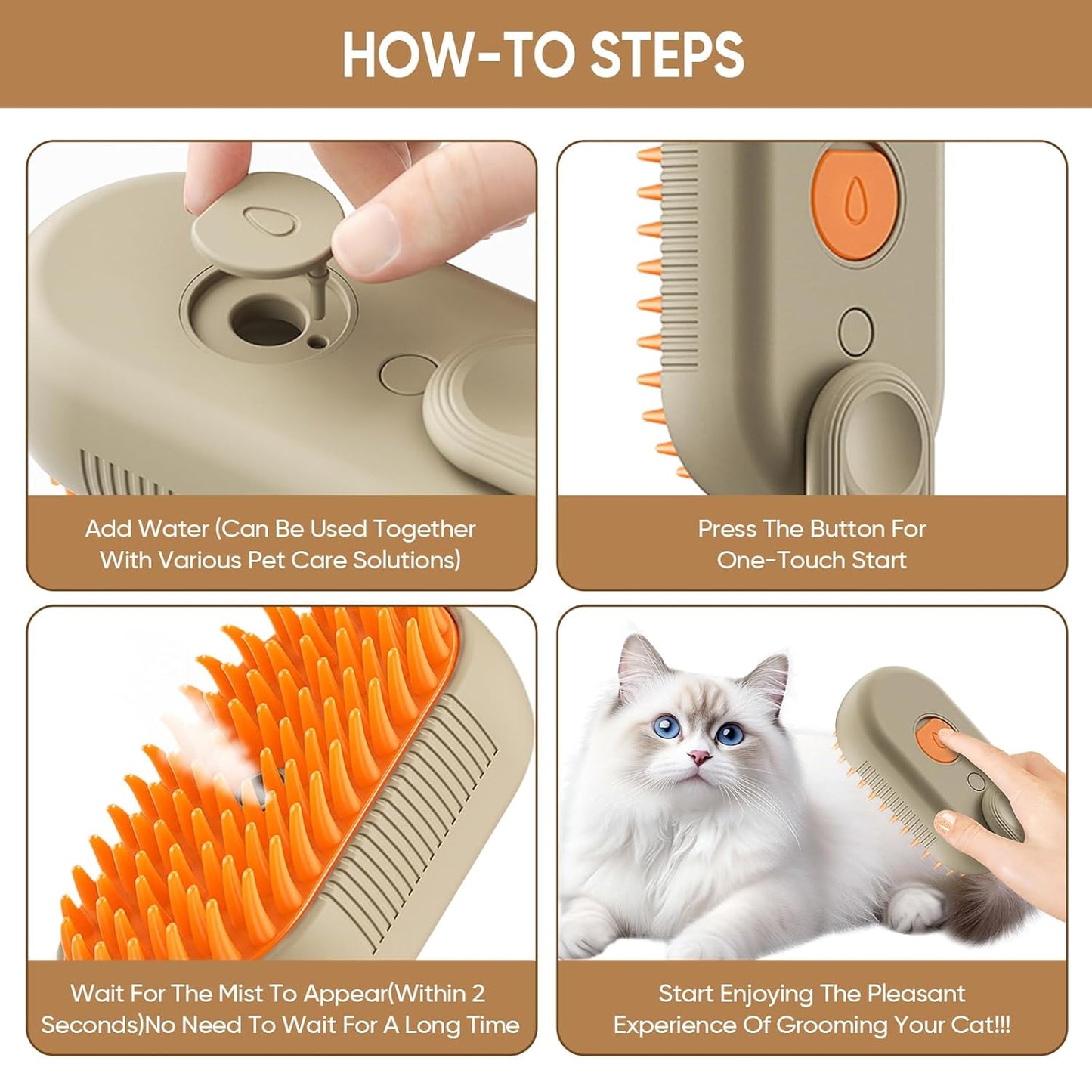 4-in-1 Cat Steam Brush for shedding – Self-Cleaning Comb for Long and Short Hair Cats and Dogs, Steam Pet Brush for Hair Removal, Vibrating Message, Grooming & Relaxation (Khaki)