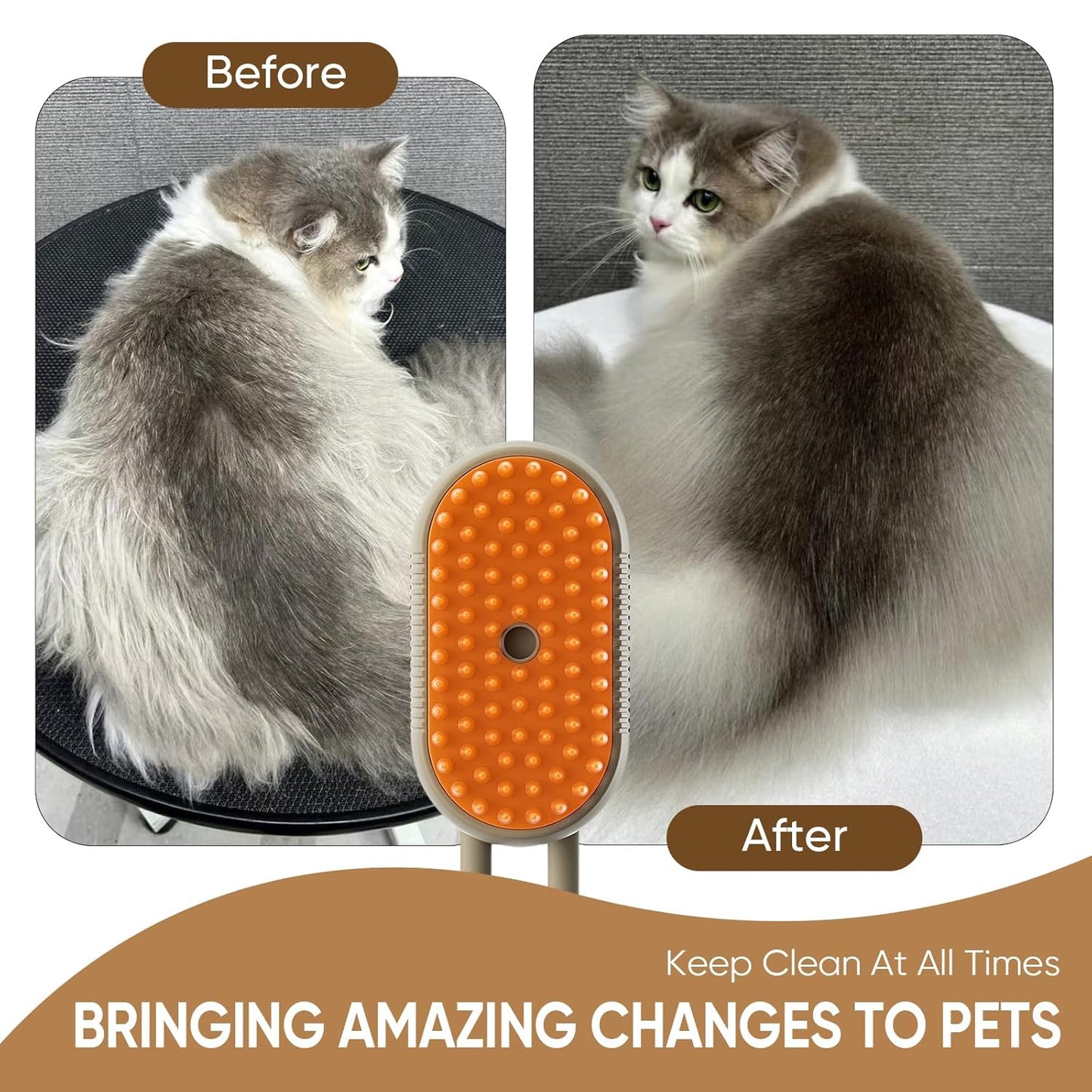 4-in-1 Cat Steam Brush for shedding – Self-Cleaning Comb for Long and Short Hair Cats and Dogs, Steam Pet Brush for Hair Removal, Vibrating Message, Grooming & Relaxation (Khaki)