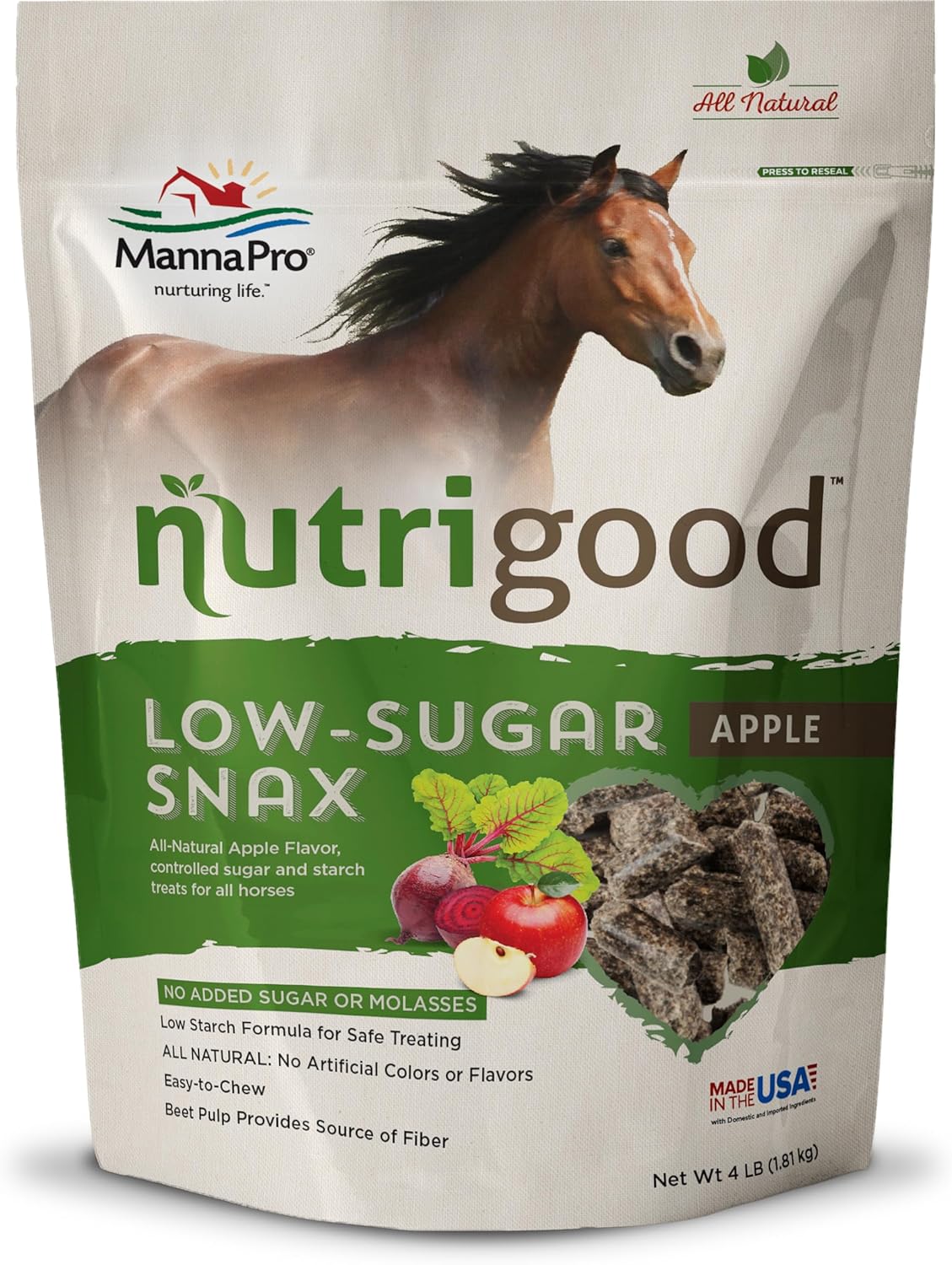 Manna Pro NutriGood Low-Sugar Apple Snax Horse Treats, All-Natural, No Added Sugar or Molasses, Low-Starch Formula, Ideal for Horses with Metabolic Needs, 4 lb Bag