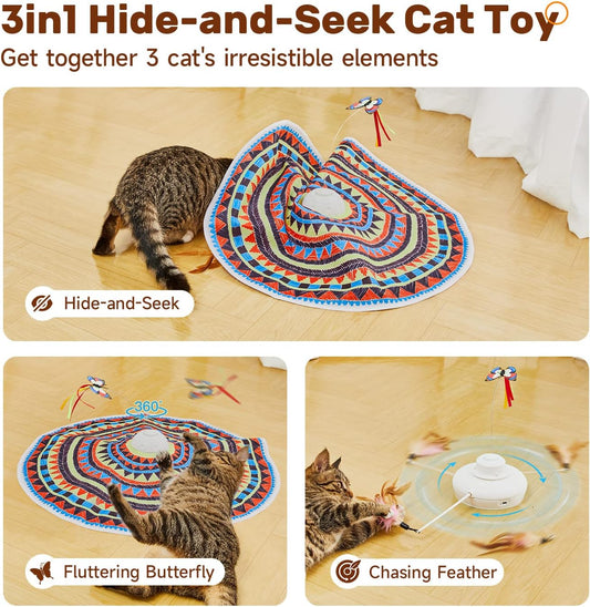 Potaroma Cat Toys Chargeable, 3in1 Hide and Seek, Automatic Interactive Fun, Fluttering Butterfly, Moving Feather, Kitten Wand, Indoor Kitty Exercise Kicker 22.8 Inch Cover for All Breeds