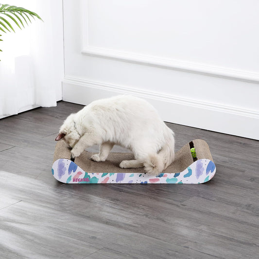CSR1003A Rini 23.75" Modern Cardboard Lounge Bed Cat Scratcher with Built-in Bell Toys and Catnip, White/Multi