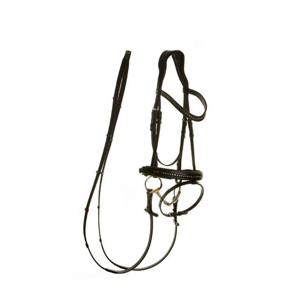 Premium Black Leather Dressage Bridle with Crystal Browband & Flash Noseband – Horse Riding Tack