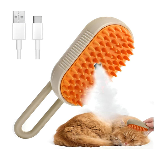 4-in-1 Cat Steam Brush for shedding – Self-Cleaning Comb for Long and Short Hair Cats and Dogs, Steam Pet Brush for Hair Removal, Vibrating Message, Grooming & Relaxation (Khaki)