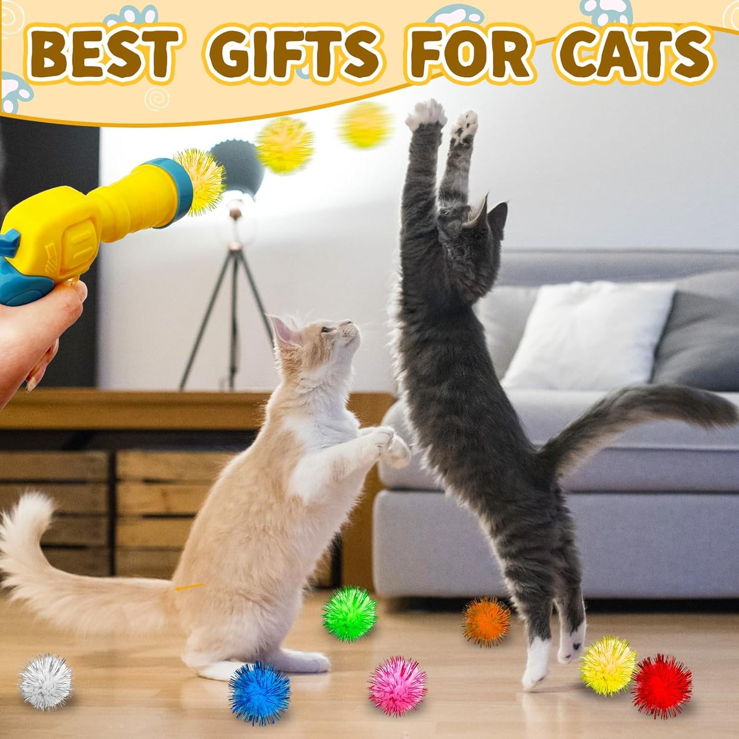 Cat Toy Balls with Launchers Set,2 Cat Toy Launchers & 100 Glitter Cat Pom Pom Balls,Cat Fetch Toy Interactive Cat Toy Balls for Kitty Gifts