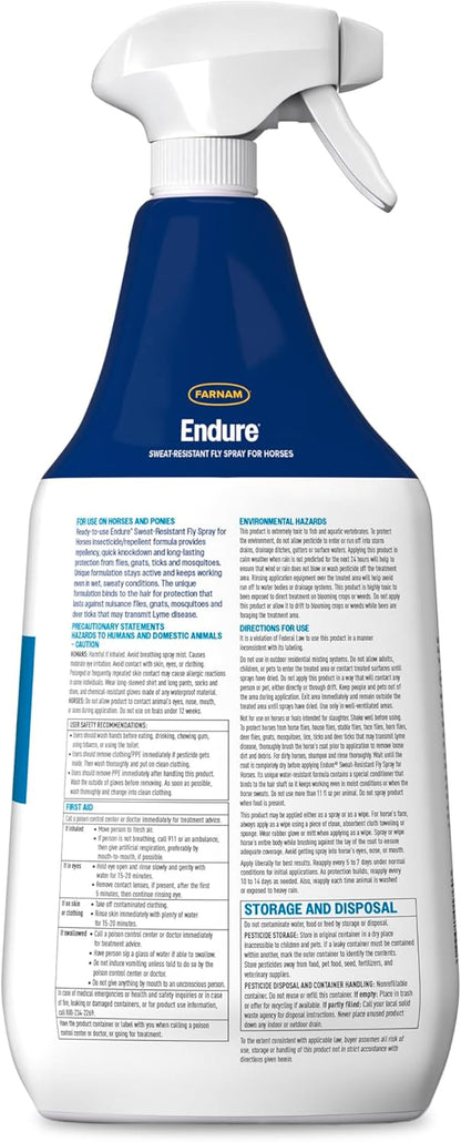 Farnam Endure Sweat-Resistant Fly Spray for Horses, Lasts Up to 14 Days, Protects Against Flies, Gnats, Mosquitoes, Ticks & Lice, 32 oz.