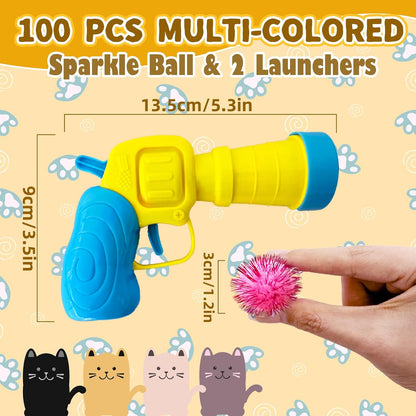 Cat Toy Balls with Launchers Set,2 Cat Toy Launchers & 100 Glitter Cat Pom Pom Balls,Cat Fetch Toy Interactive Cat Toy Balls for Kitty Gifts