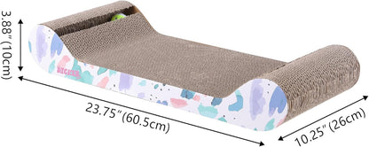 CSR1003A Rini 23.75" Modern Cardboard Lounge Bed Cat Scratcher with Built-in Bell Toys and Catnip, White/Multi