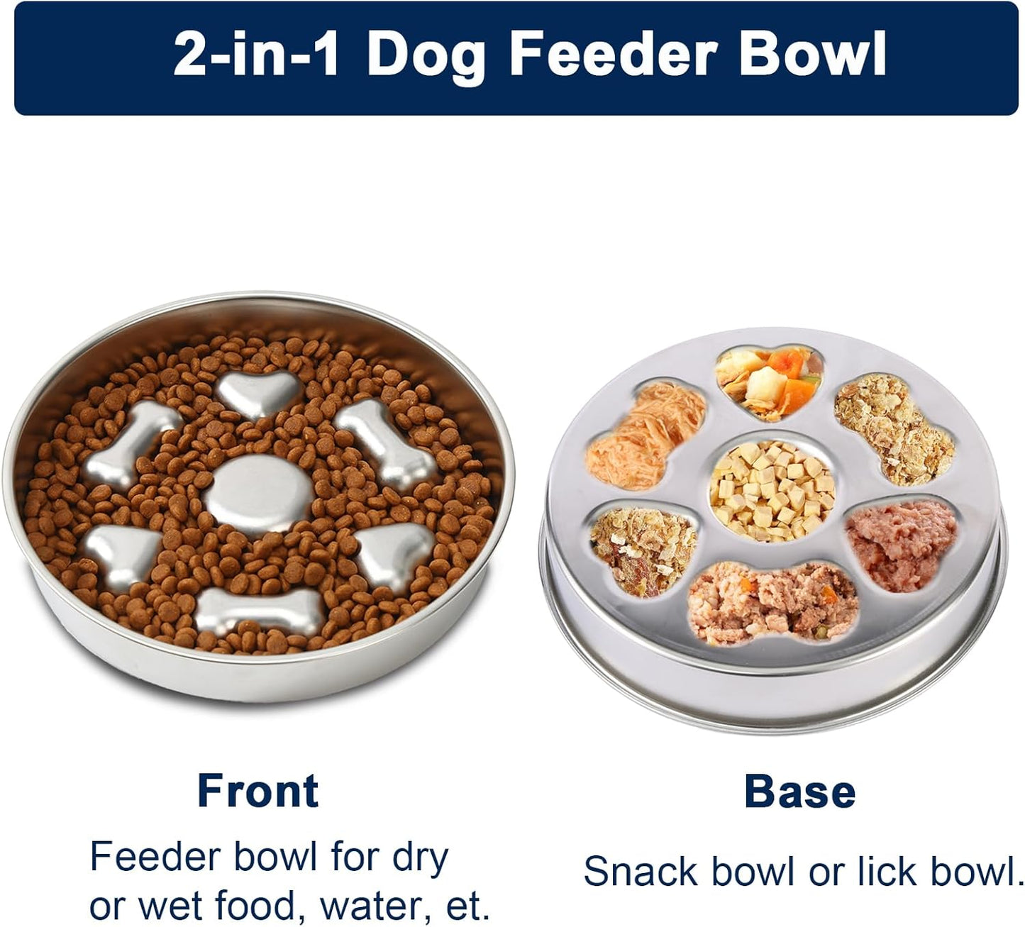 Slow Feeder Dog Bowls, 2-Cup Medium Breed Stainless Steel Per Bowl, Slow Down Eating Dish Preventing Choking Metal Dog Bowl