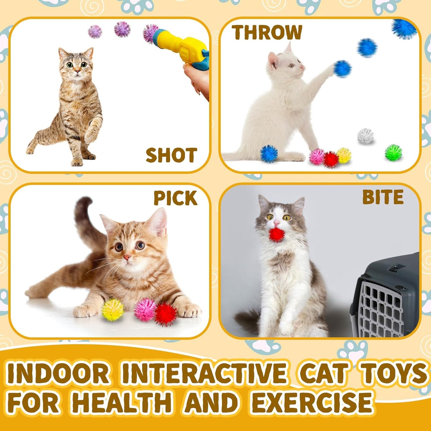 Cat Toy Balls with Launchers Set,2 Cat Toy Launchers & 100 Glitter Cat Pom Pom Balls,Cat Fetch Toy Interactive Cat Toy Balls for Kitty Gifts