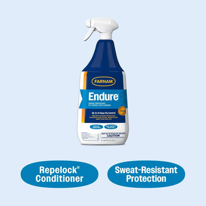 Farnam Endure Sweat-Resistant Fly Spray for Horses, Lasts Up to 14 Days, Protects Against Flies, Gnats, Mosquitoes, Ticks & Lice, 32 oz.