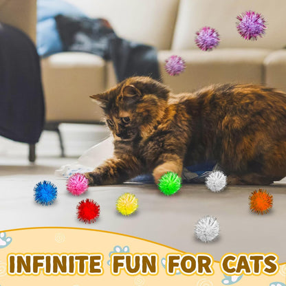 Cat Toy Balls with Launchers Set,2 Cat Toy Launchers & 100 Glitter Cat Pom Pom Balls,Cat Fetch Toy Interactive Cat Toy Balls for Kitty Gifts