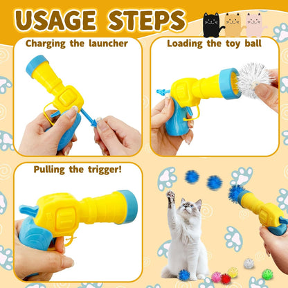 Cat Toy Balls with Launchers Set,2 Cat Toy Launchers & 100 Glitter Cat Pom Pom Balls,Cat Fetch Toy Interactive Cat Toy Balls for Kitty Gifts
