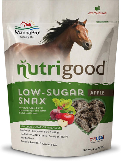 Manna Pro NutriGood Low-Sugar Apple Snax Horse Treats, All-Natural, No Added Sugar or Molasses, Low-Starch Formula, Ideal for Horses with Metabolic Needs, 4 lb Bag