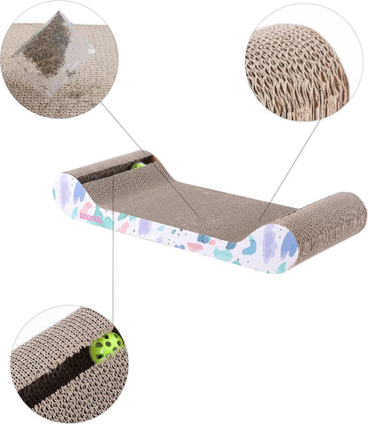 CSR1003A Rini 23.75" Modern Cardboard Lounge Bed Cat Scratcher with Built-in Bell Toys and Catnip, White/Multi