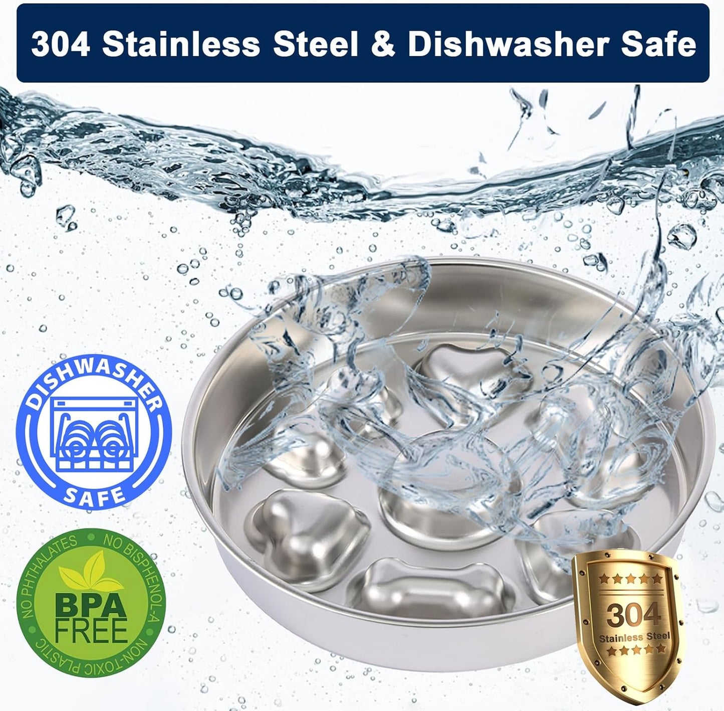 Slow Feeder Dog Bowls, 2-Cup Medium Breed Stainless Steel Per Bowl, Slow Down Eating Dish Preventing Choking Metal Dog Bowl